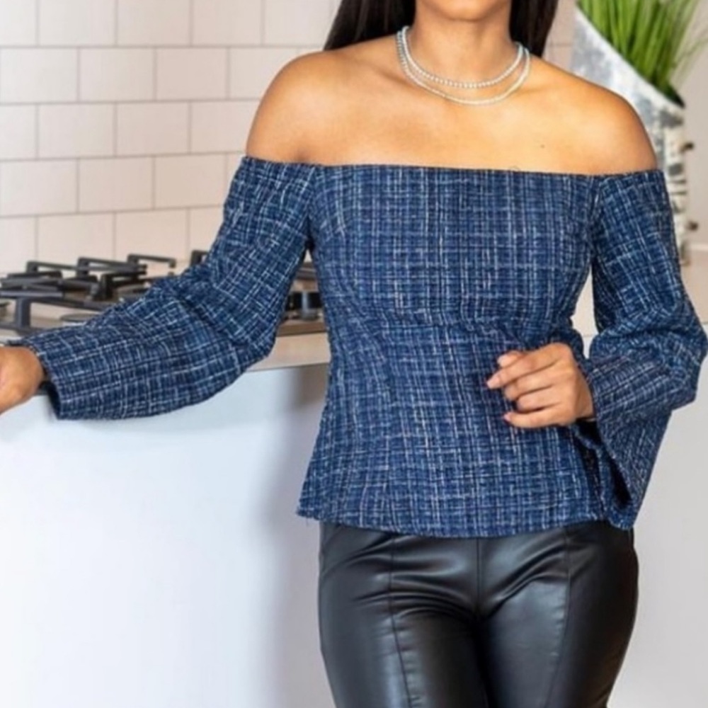 NWT Zara Tweed Peplum Off the Shoulder Top Size XS